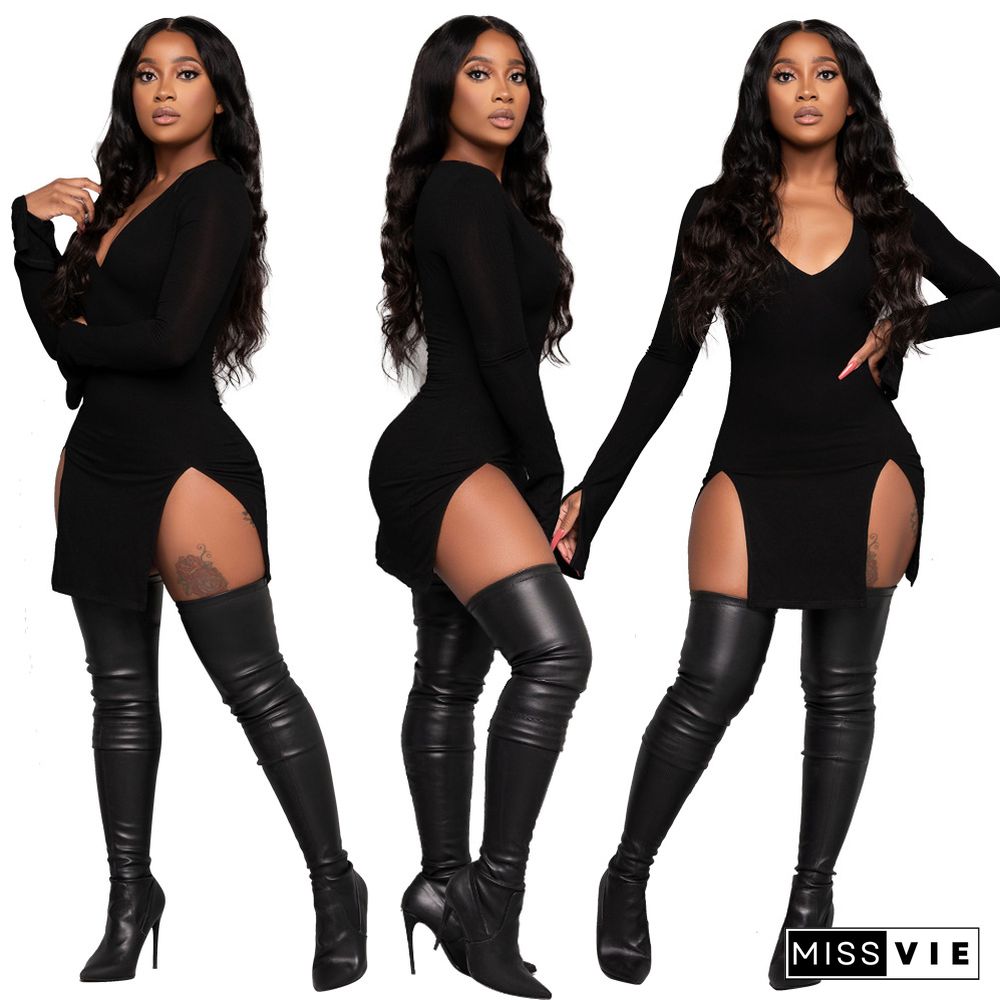 Solid V Neck Side Slit Long Sleeve Bodycon Dress