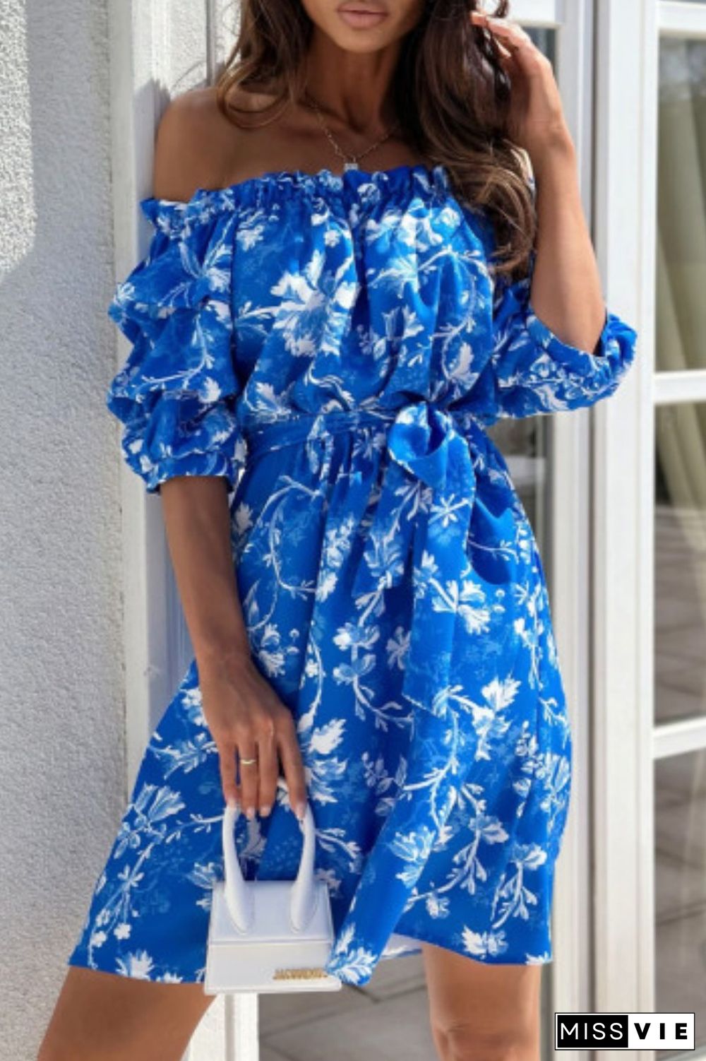 Blue Casual Print Patchwork Off the Shoulder Short Sleeve Dress (Subject To The Actual Object)