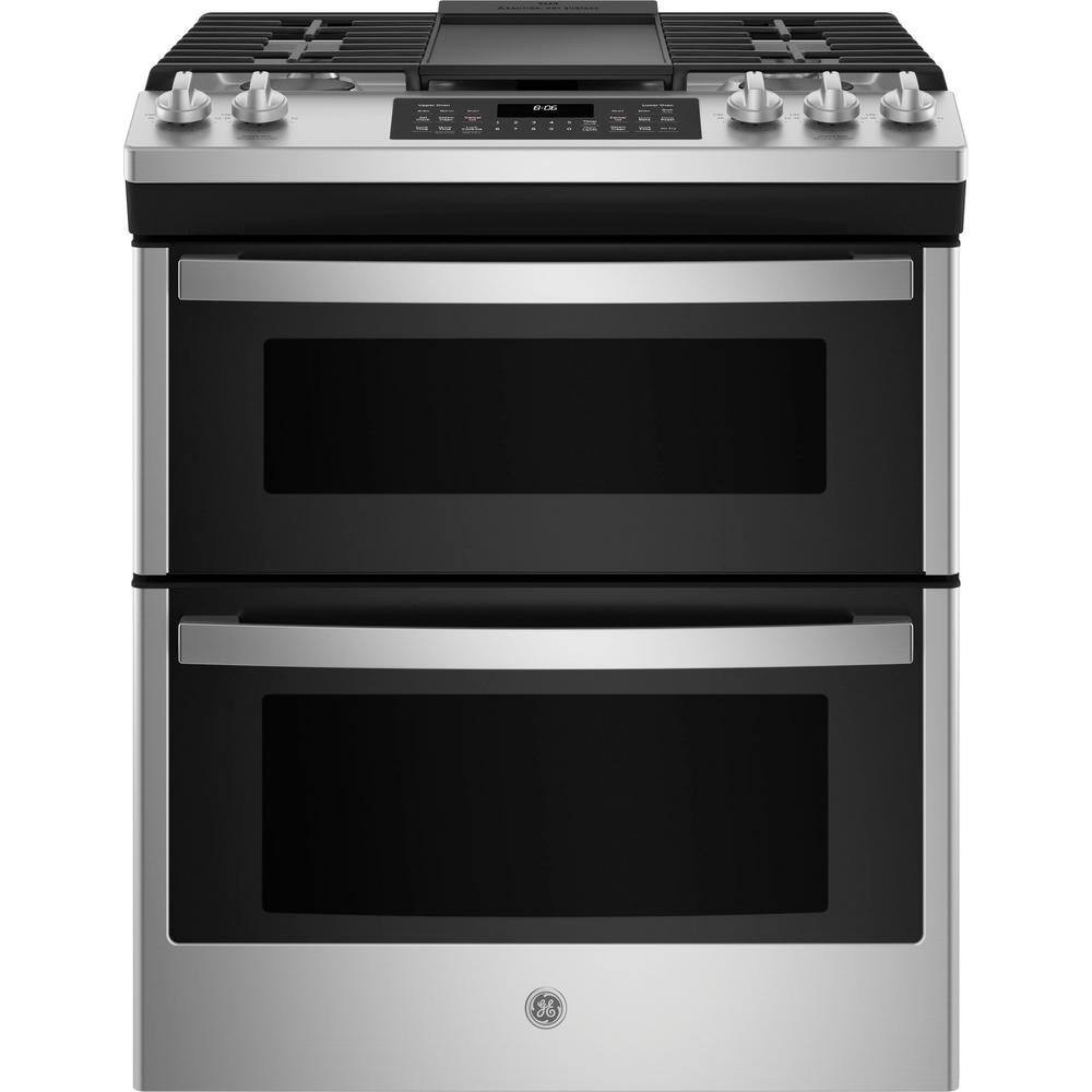 GE 30 in. 6.7 cu. ft. Slide-In Double Oven Gas Range in Stainless Steel with Griddle JGSS86SPSS