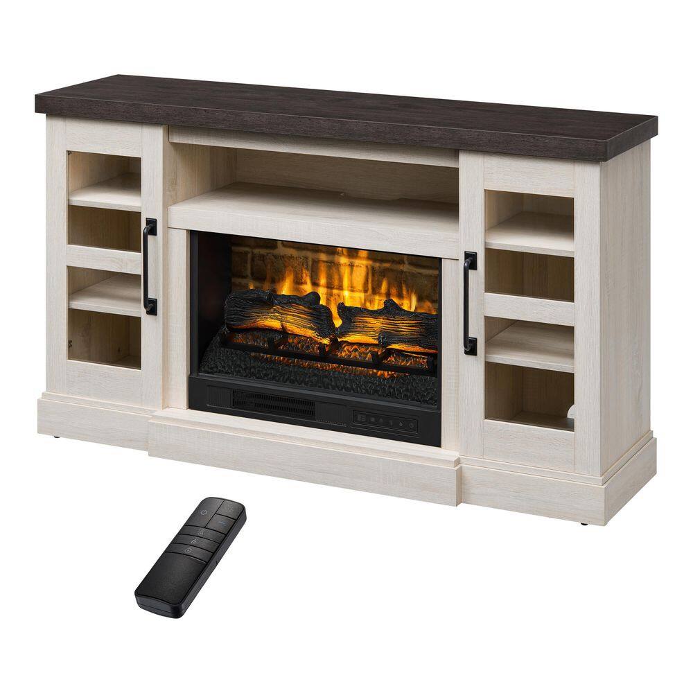 StyleWell Chelsea 58 in. Freestanding Electric Fireplace TV Stand in Light Taupe Ash Grain w Charcoal Top HDFP58-65E