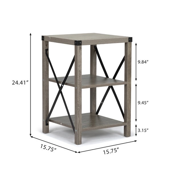 Wood End Table with 3-Tier Storage Shelves and X-Shaped Metal Support