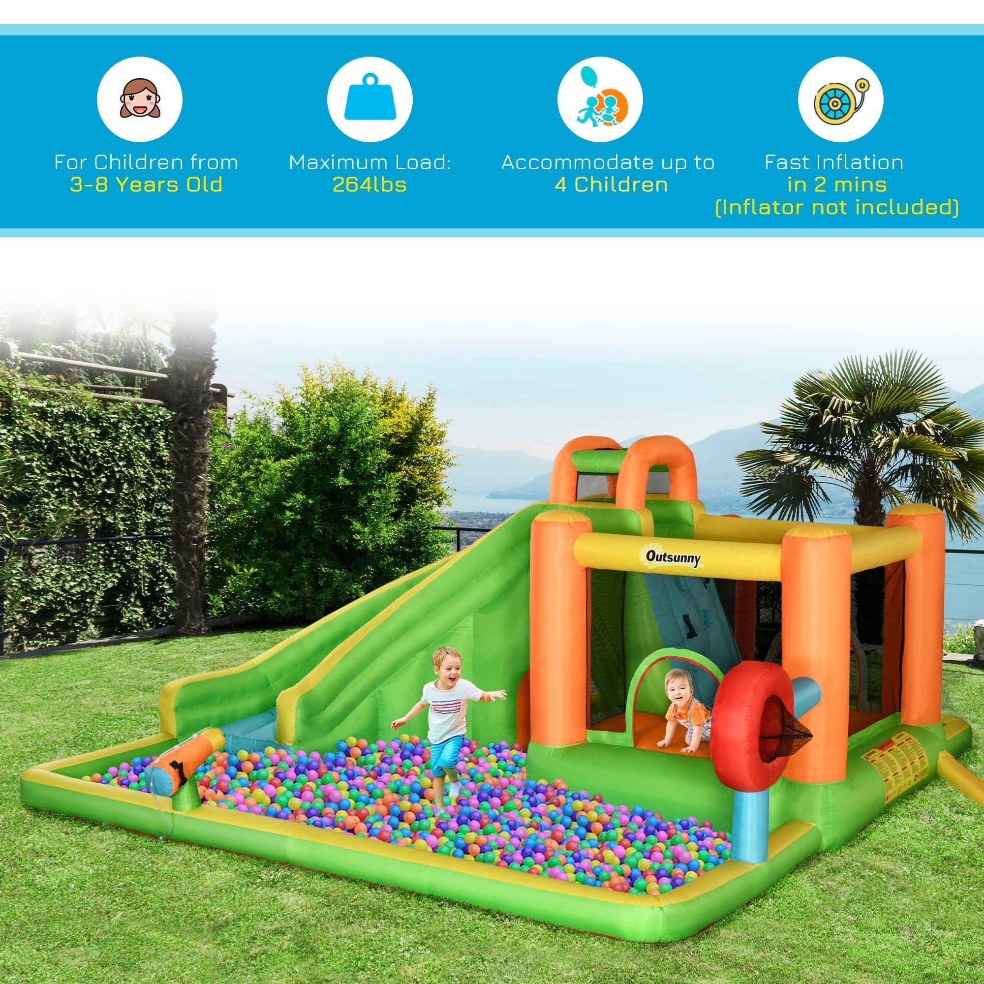 Outsunny 7-in-1 Backyard Inflatable Bounce House with Pool Sports, Water Gun, and More, Inflatable Water Slide for Kids with 2 Min. Inflation, Large Outdoor Game for Birthday Party Activities