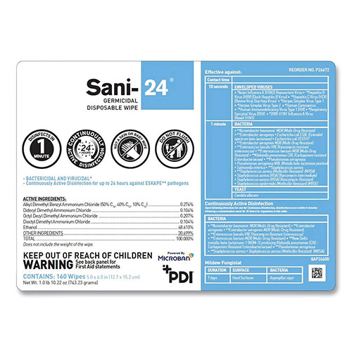 Sani Professional Sani-24 Germicidal Disposable Wipes | Large， 6 x 6.75， Unscented， White， 65