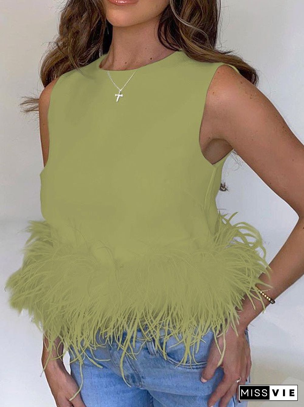 Women'S Tank Tops Zip Sleeveless Panel Feather Tank Top