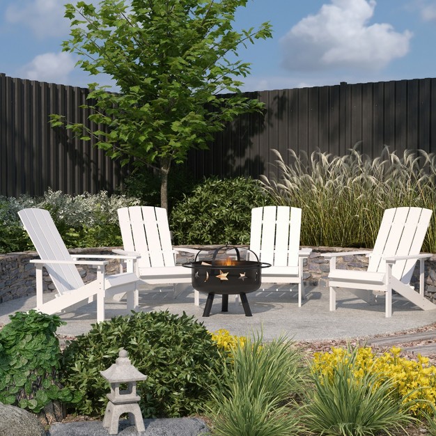 Merrick Lane Ayala 5 Piece Outdoor Leisure Set With Set Of 4 Poly Resin Adirondack Chairs And Star And Moon Iron Fire Pit