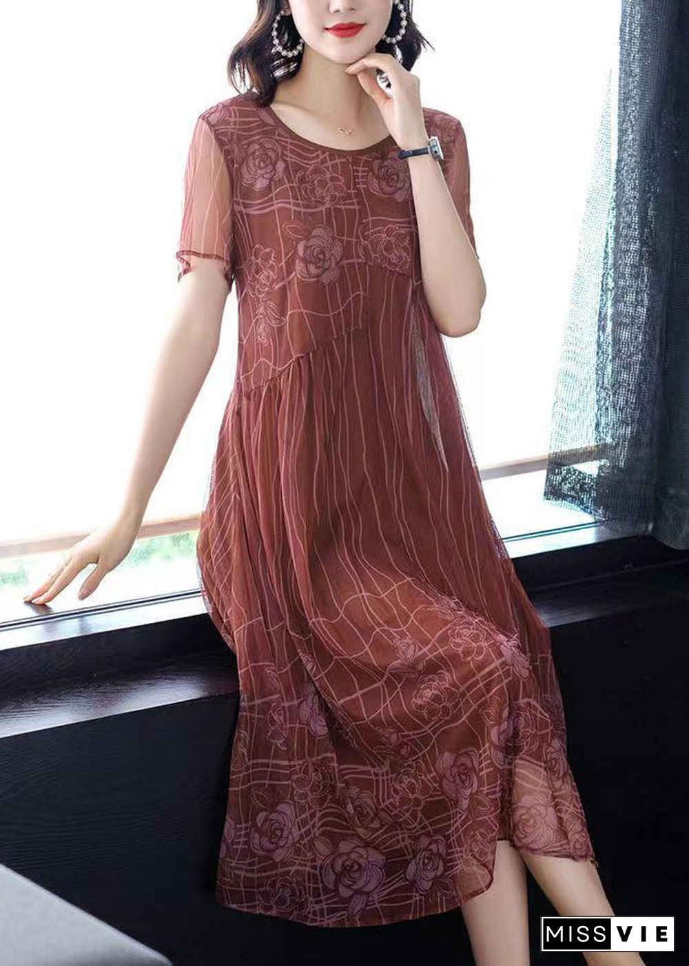 Women Light Brown O-Neck Wrinkled Patchwork Chiffon Dress Half Sleeve