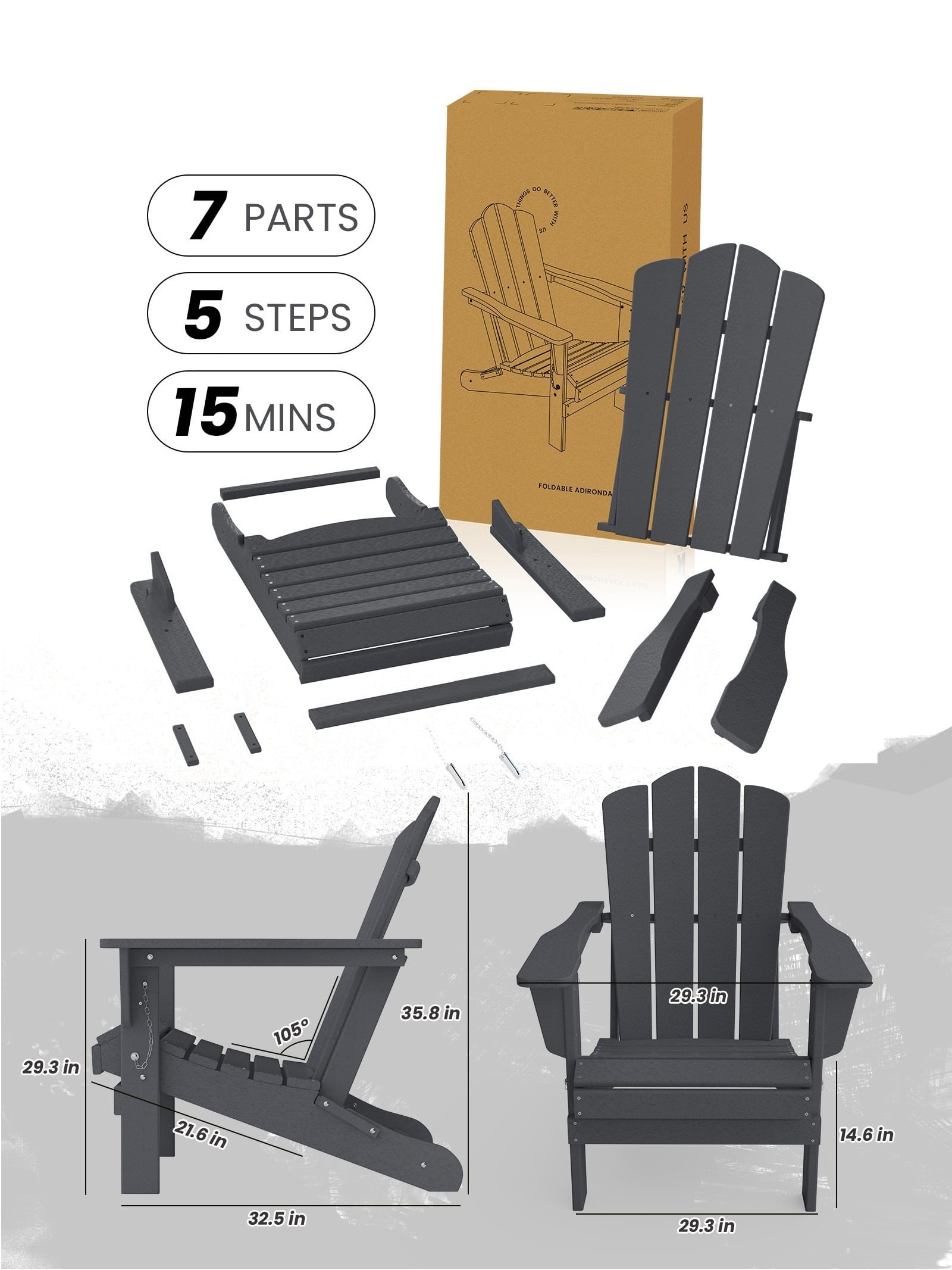 Folding Outdoor Patio Adirondack Chair for Garden, Gray