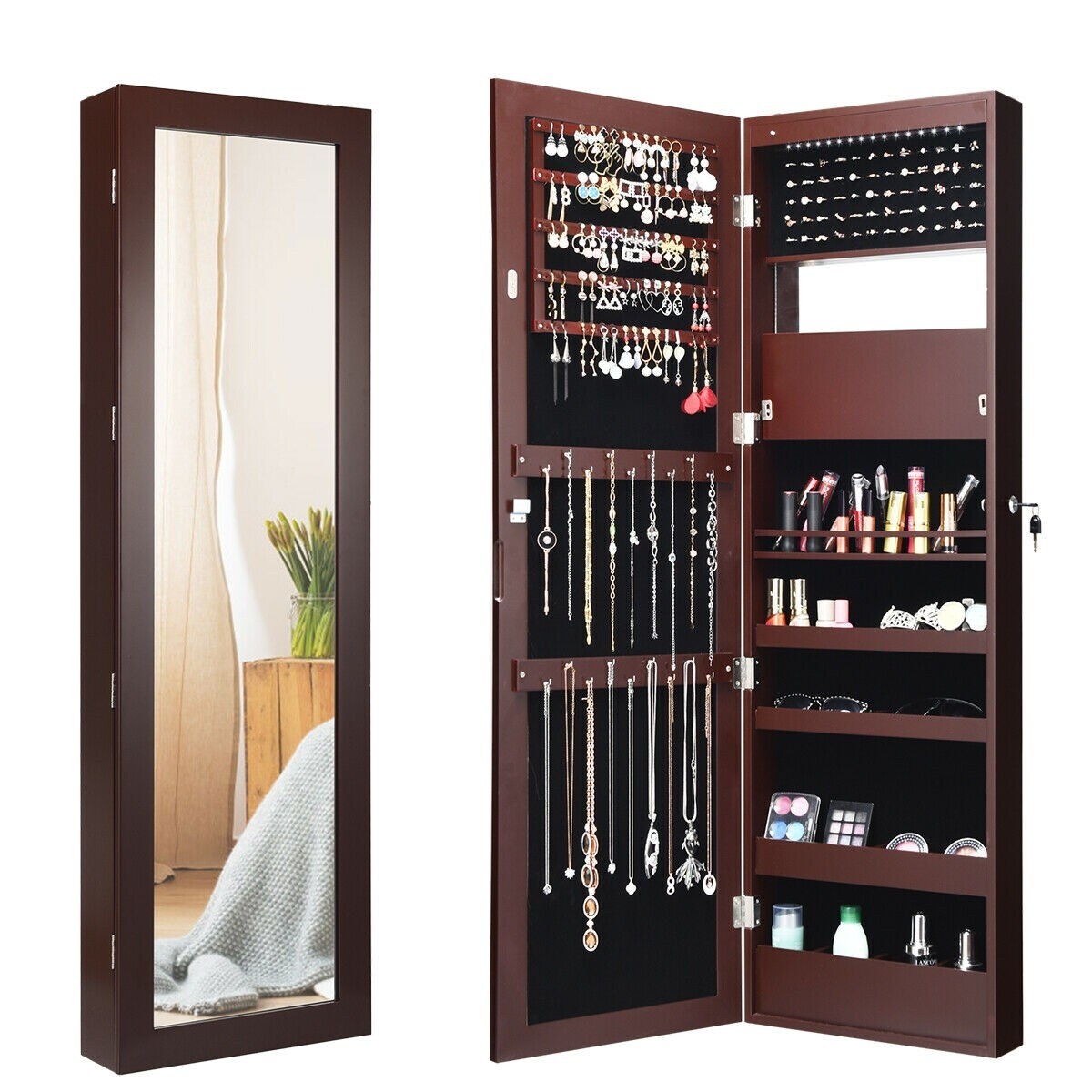 Lockable Wall Door Mounted Mirror Jewelry Cabinet with LED Lights - 14.5