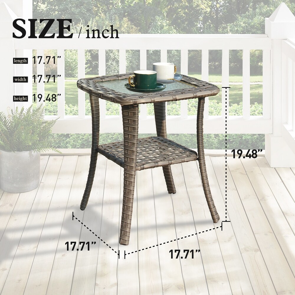 OVIOS Patio Outdoor Wicker Side Table with Glass Top