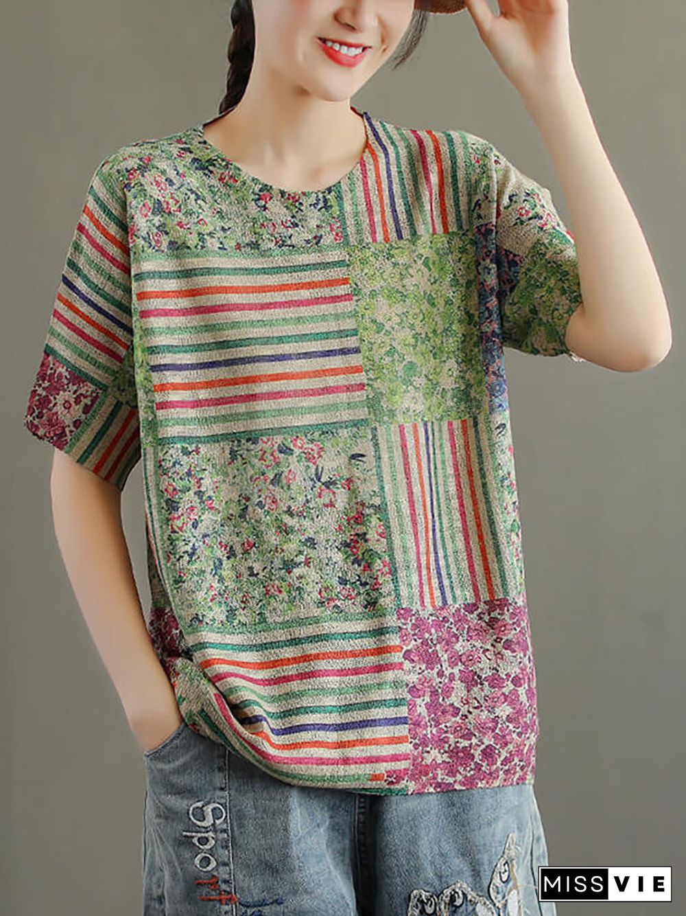 Plus Size - Cotton Floral Knitted Stitching Women T-shirt