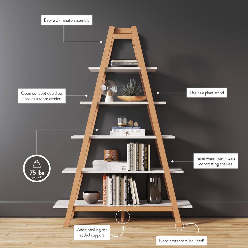 Nathan James Carlie White and Brown 5-Shelf Ladder Bookcase 62201