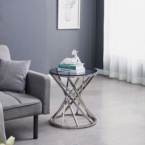 Set of 1 Round Glass Top Side Table for Living Room- Black Grey Tempered Glass and Silver Stainless Steel Frame - as picture