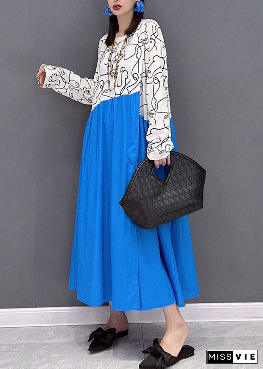 Casual Colorblock O-Neck Print Patchwork holiday Dress Long sleeve