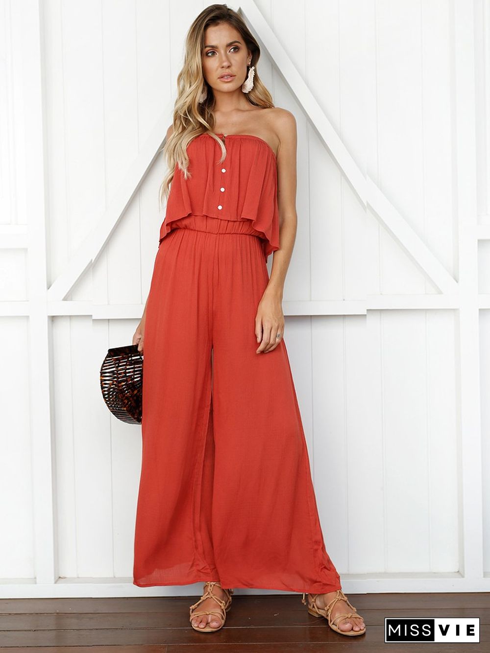 Orangered Sleeveless Off Shoulder Backless Jumpsuit