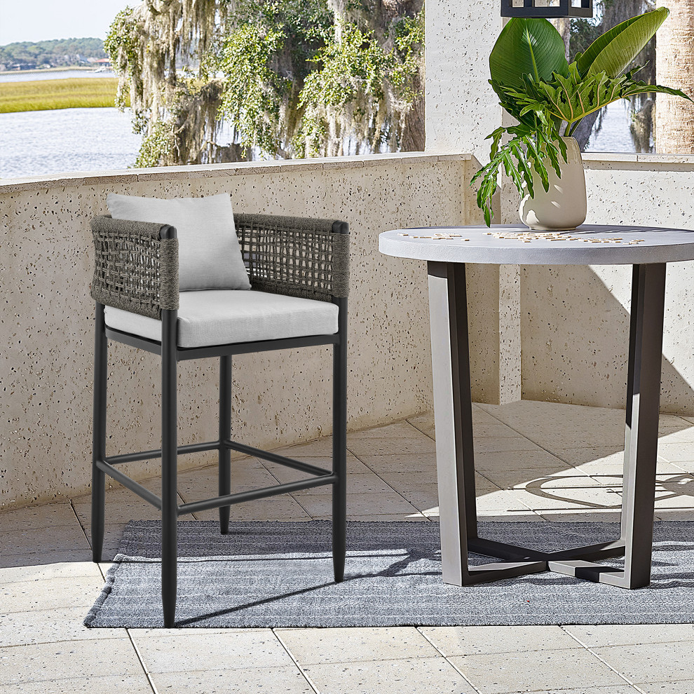 Felicia Patio Stool  Metal With Gray Rope and Cushions   Beach Style   Outdoor Bar Stools And Counter Stools   by Armen Living  Houzz