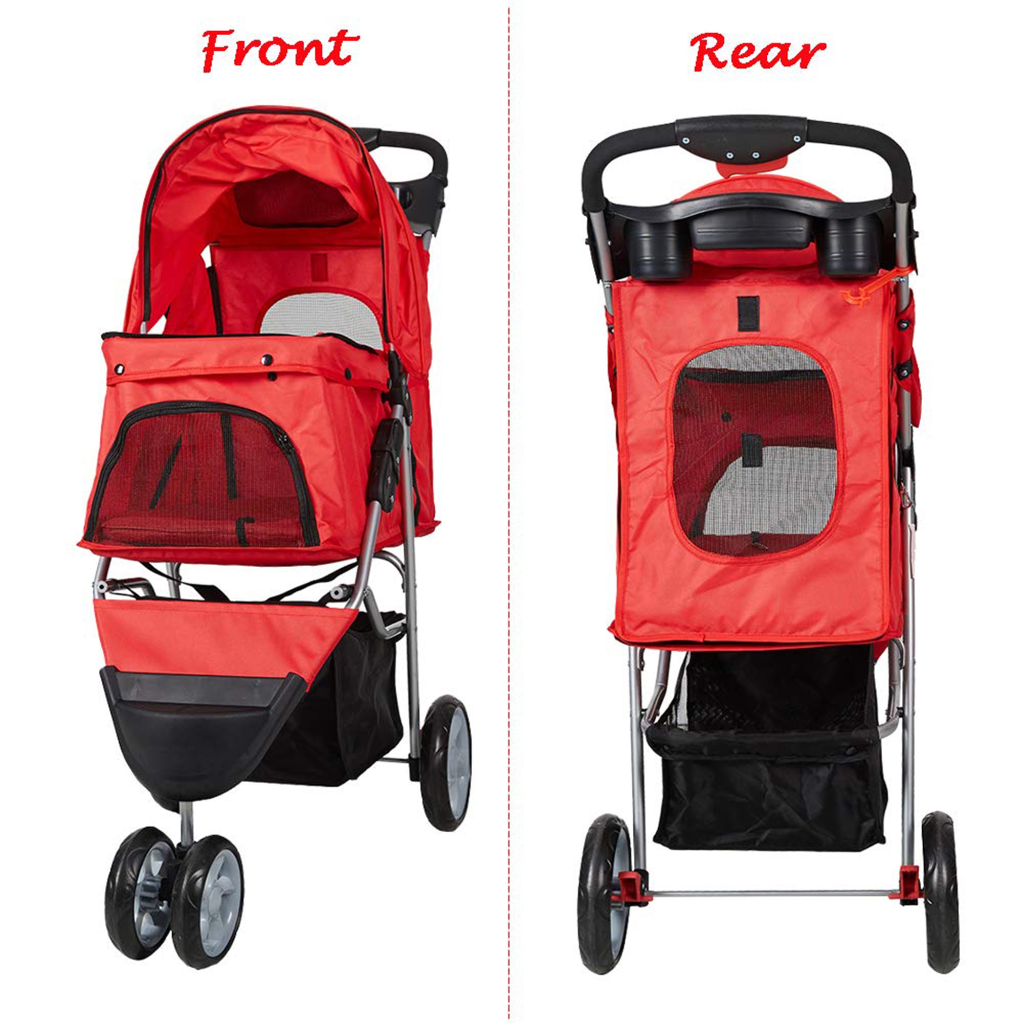 Karmas Product Folding Dog Stroller Cage Portable Travel Carrier with 3 Wheels ， red