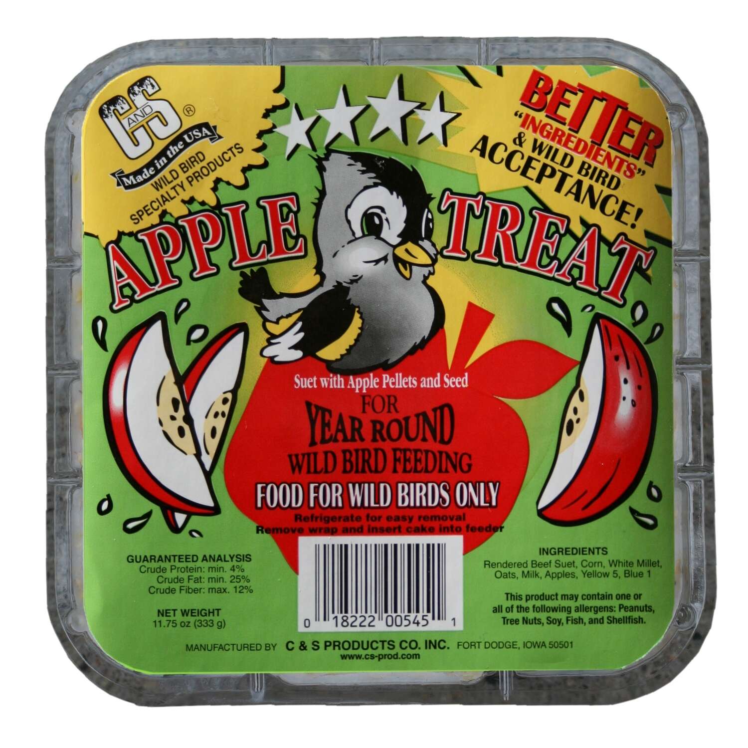 CandS Products Apple Treat Assorted Species Beef Suet Wild Bird Food 11.75 oz