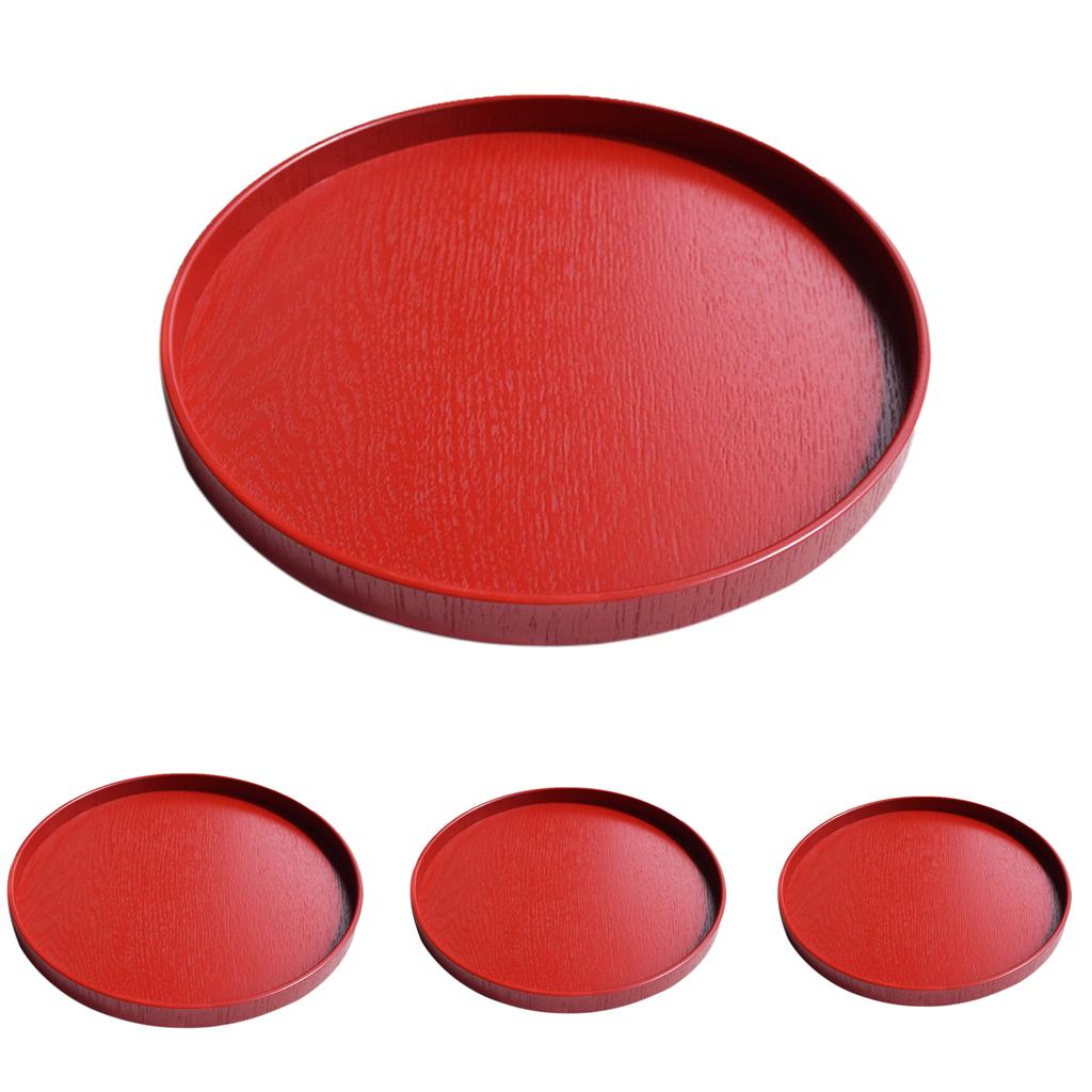 2x Round Wooden Plate Food Snack Serving Trays Salad Bowl Platter Red