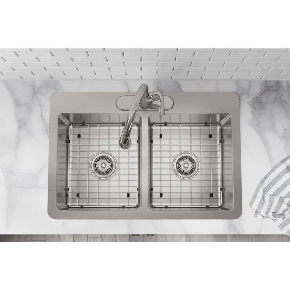 Elkay Avenue Drop-inUndermount Stainless Steel 33 in. 5050 Double Bowl Kitchen Sink with Bottom Grid and Drains VBTHD168