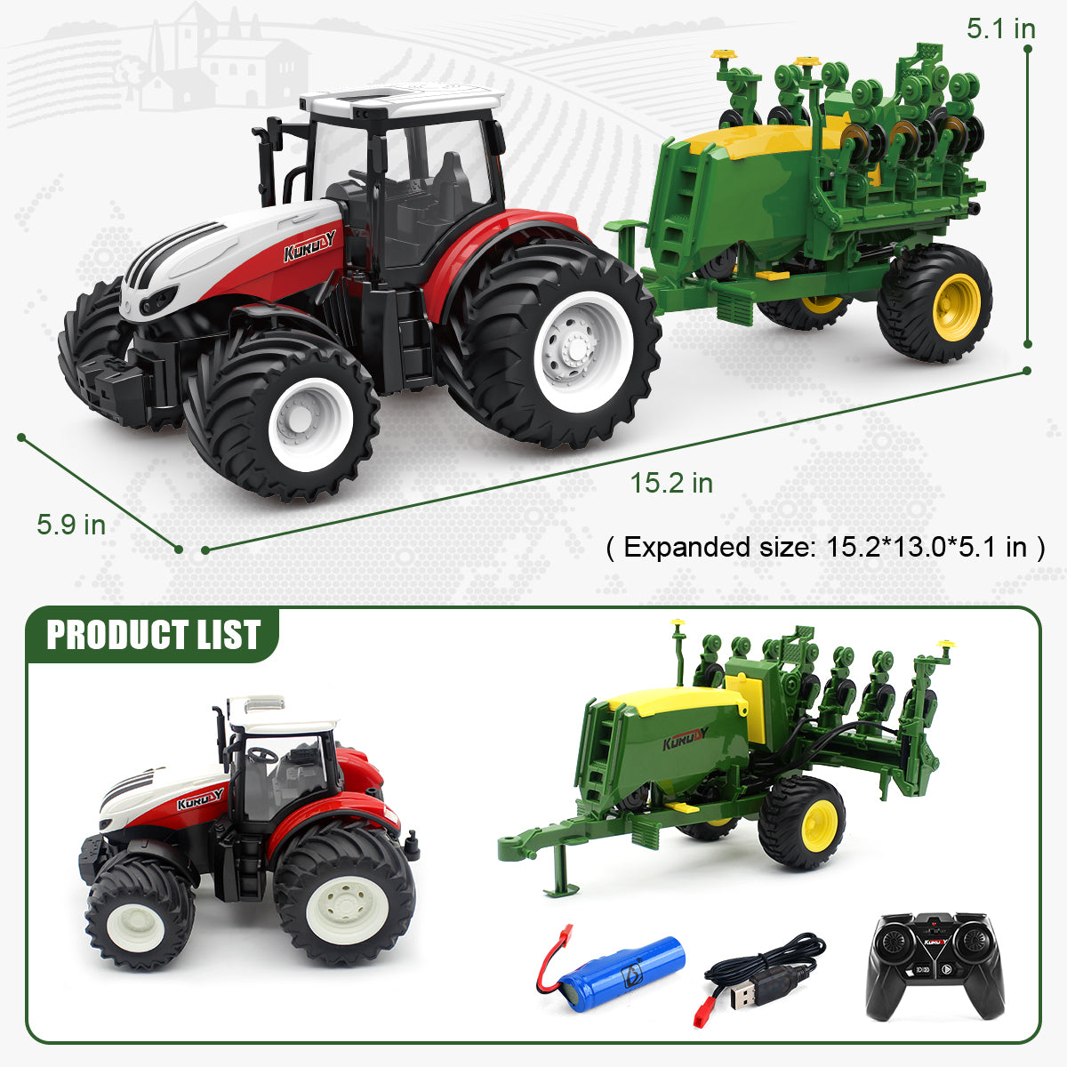 Fisca 1/24 Remote Control Farm Tractors Toys with Seed Planter， Lights and Sound， for Kids 6+