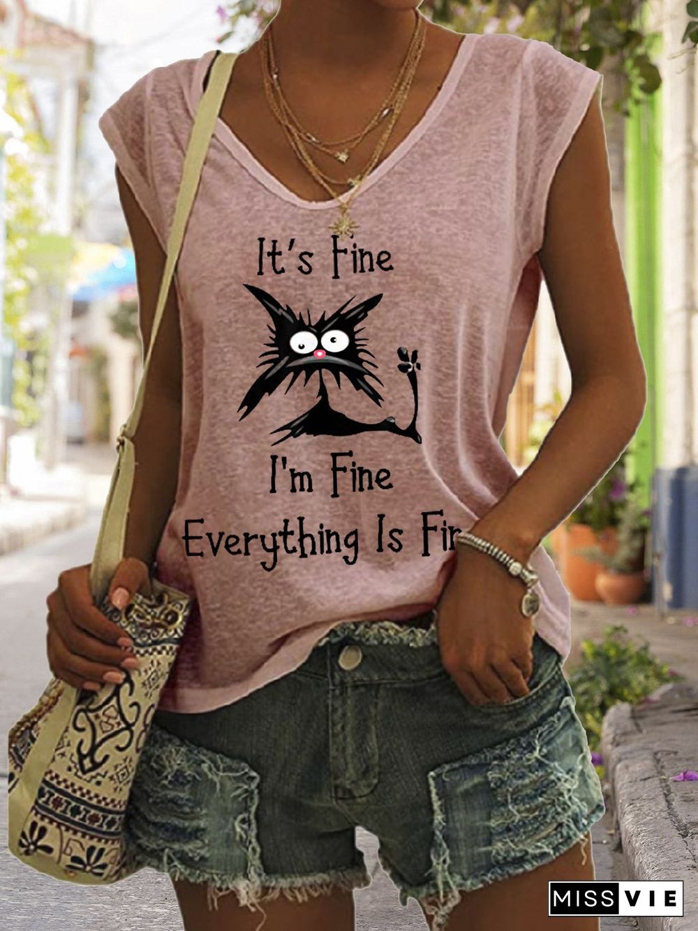 Women's It's Fine I'm Fine Everything Is Fine Funny Cat Print V-Neck Sleeveless Tee