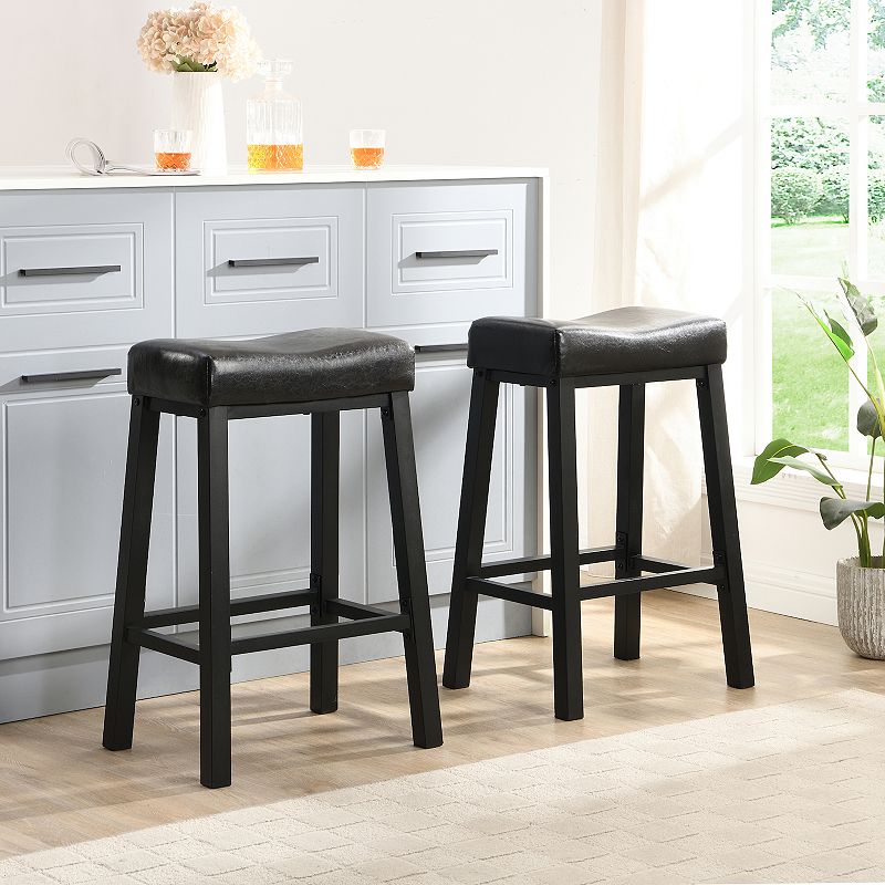 eHemco Heavy-Duty Padded Faux Leather Saddle Kitchen Counter Height Barstools， 29 Inches， Set of 2