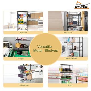 EFINE Black 4-Tier Carbon Steel Wire Garage Storage Shelving Unit with 8 Hooks (23.6 in. W x 47 in. H x 14 in. D) RL100-4