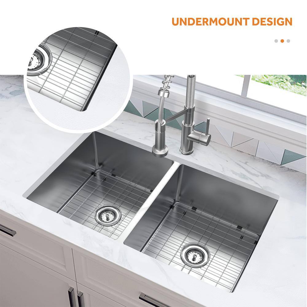 Glacier Bay Tight Radius Undermount 18G Stainless Steel 36 in. 5050 Double Bowl Kitchen Sink with Accessories FSUR3619A0ACC