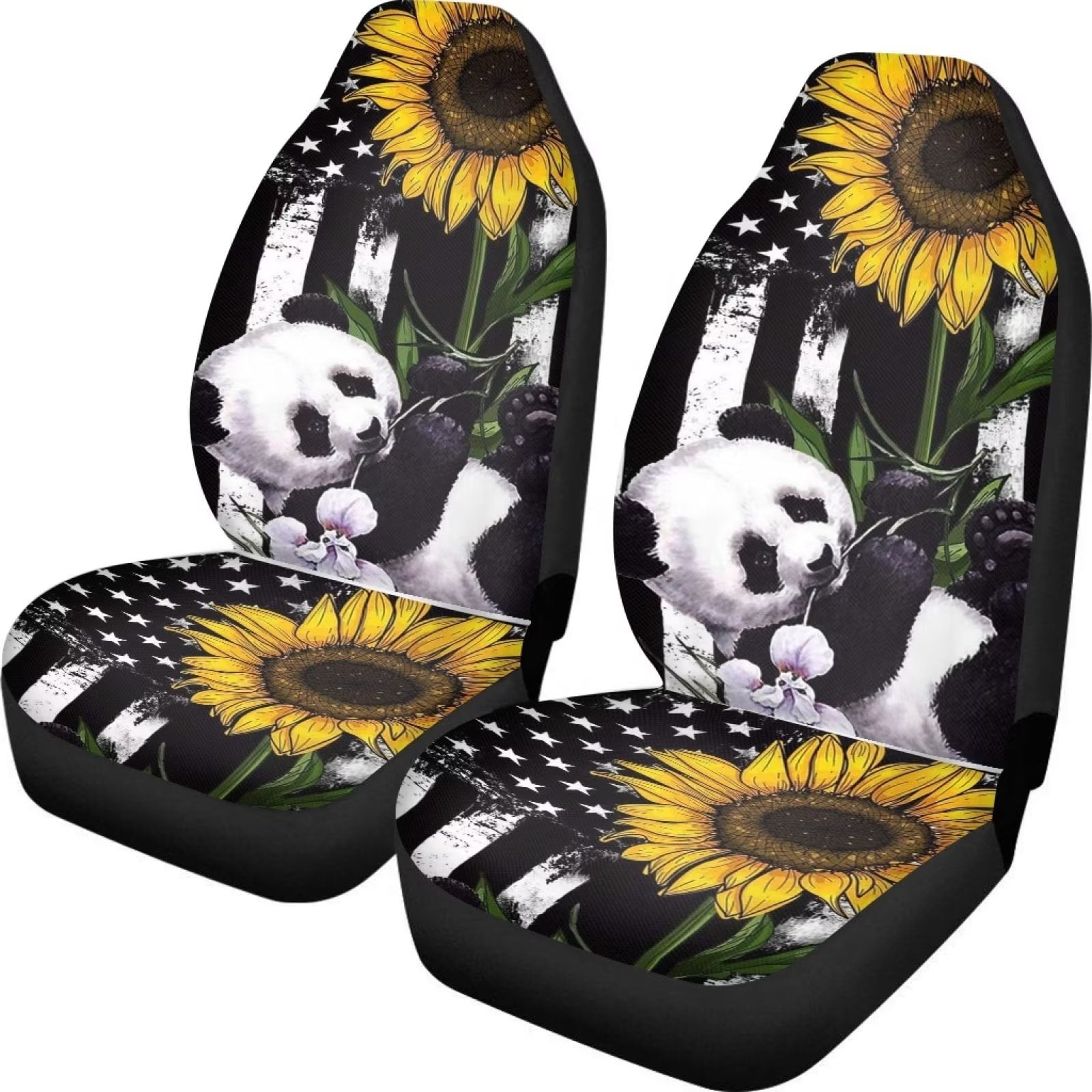 FKELYI Sunflower and Panda Car Seat Covers Set for Men，2pcs，Soft Front Driving Bucket Seat Cushion Covers Protector Kit，Universal Fit for Most Vehicle Cars，Four Seasons Use