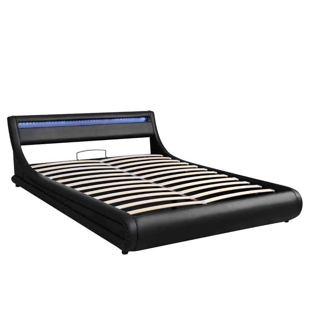 Queen Size Faux Leather Upholstered Platform Bed with Hydraulic Storage System   LED Light Headboard