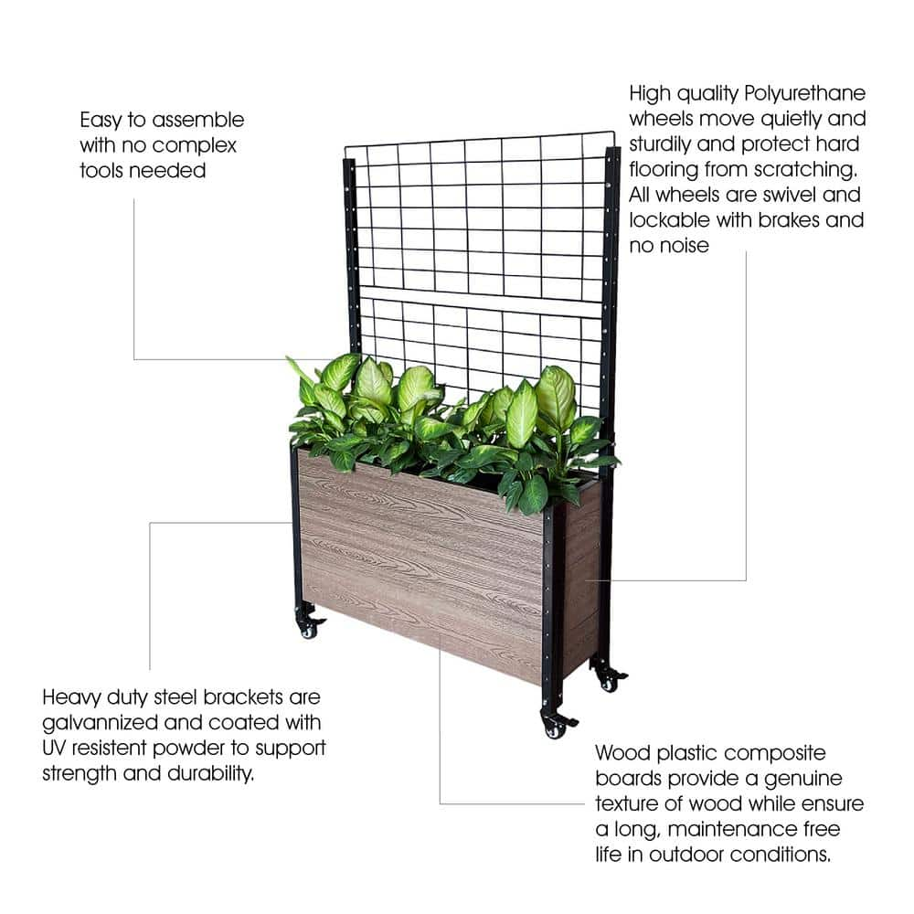 EverBloom 12 in. D x 57 in. H x 36 in. W Brown and Black Composite Mobile Deep Trough Planter Box Raised Garden Bed and Trellis K2121