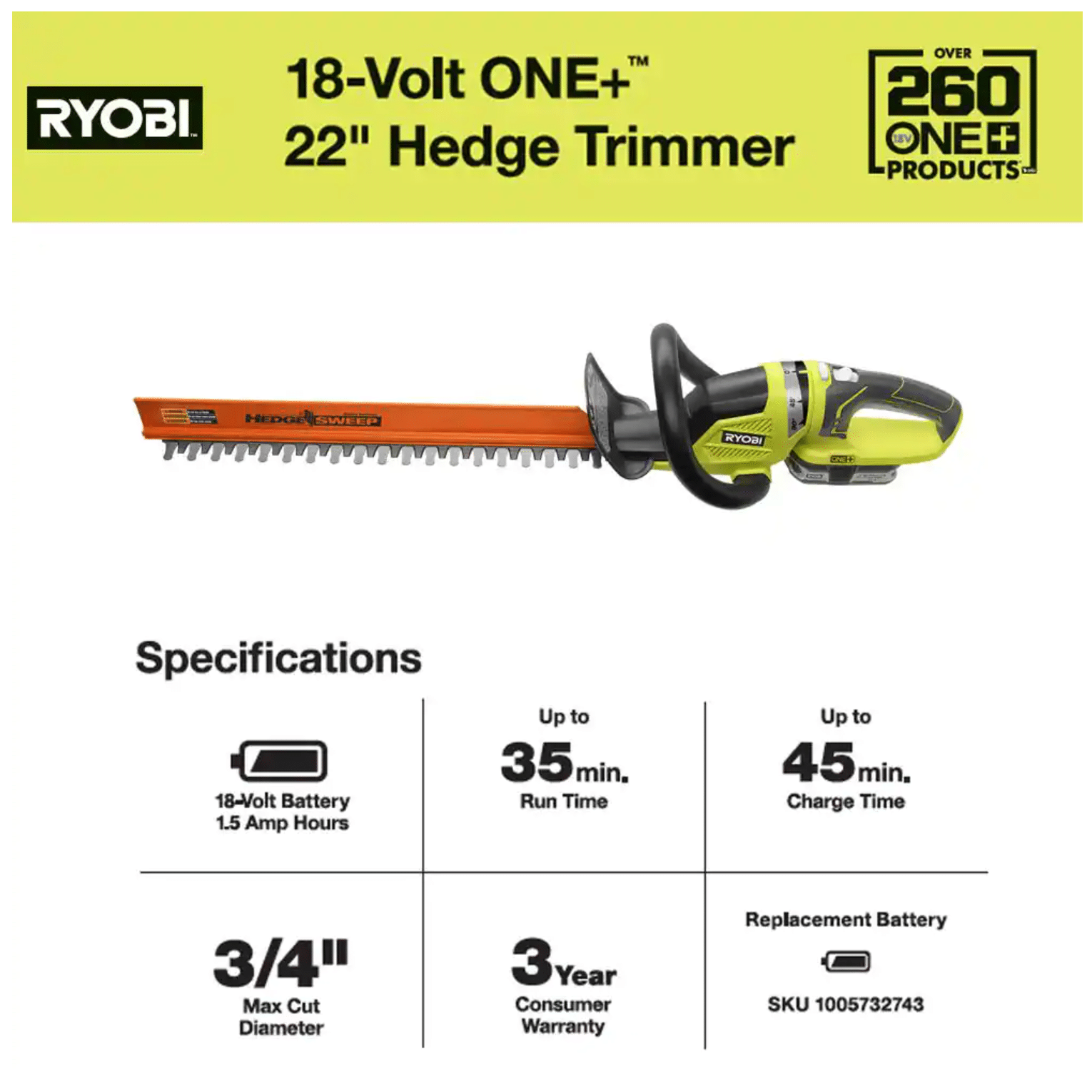 Ryobi One+ 18V 22 in. Cordless Battery Hedge Trimmer with 1.5 Ah Battery and Charger (P2660VNM)