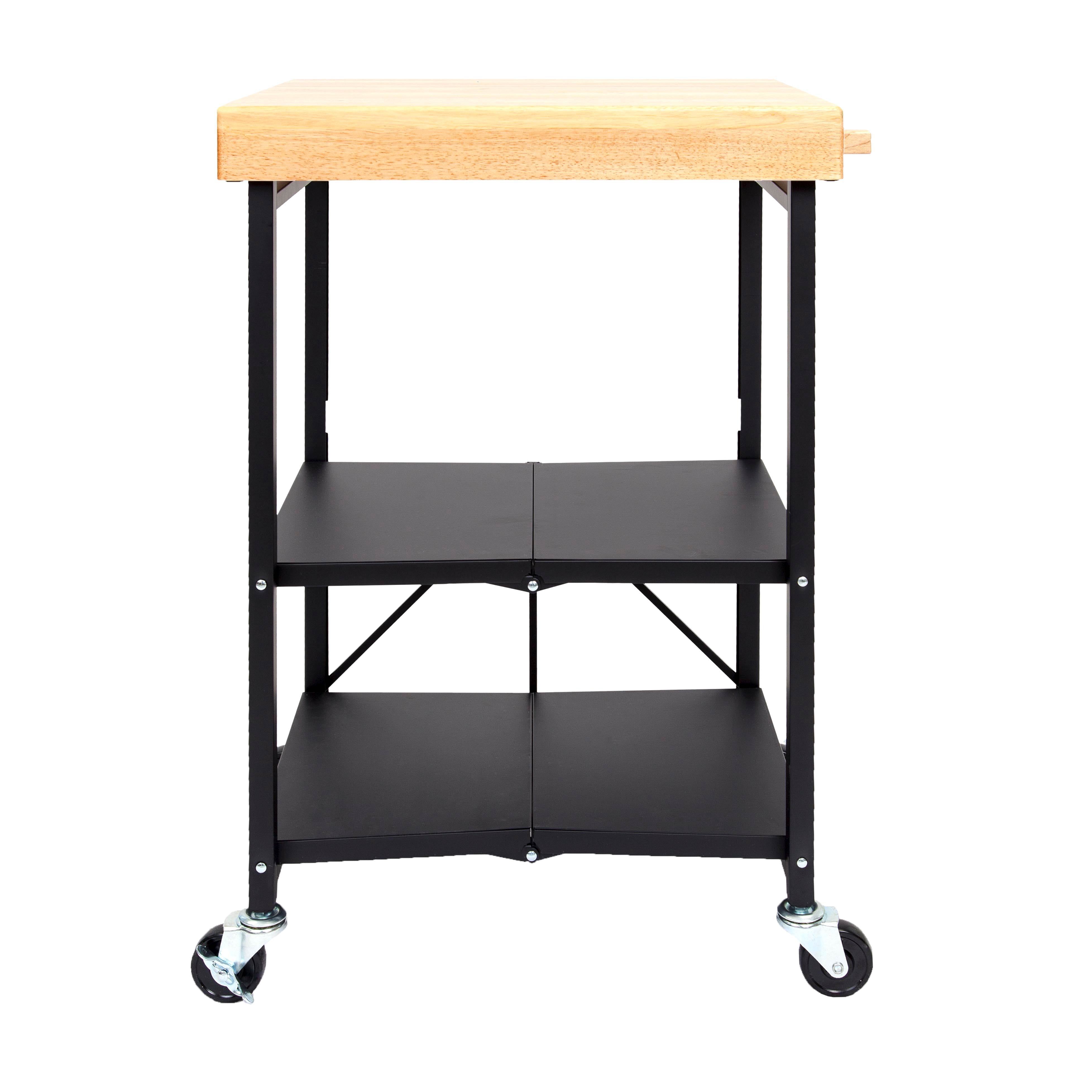 Origami Foldable Wheeled Portable Wood Top Kitchen Island Bar Cart， Black