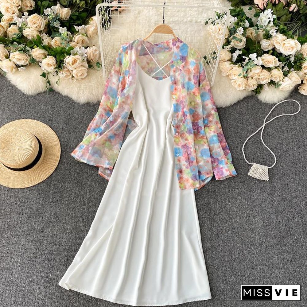 Casual Floral Cardigan +Cami Dress P10506