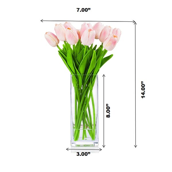 Enova Home Artificial Real Touch Tulips Fake Silk Flowers Arrangement in Glass Vase with Faux Water for Home Wedding Decoration