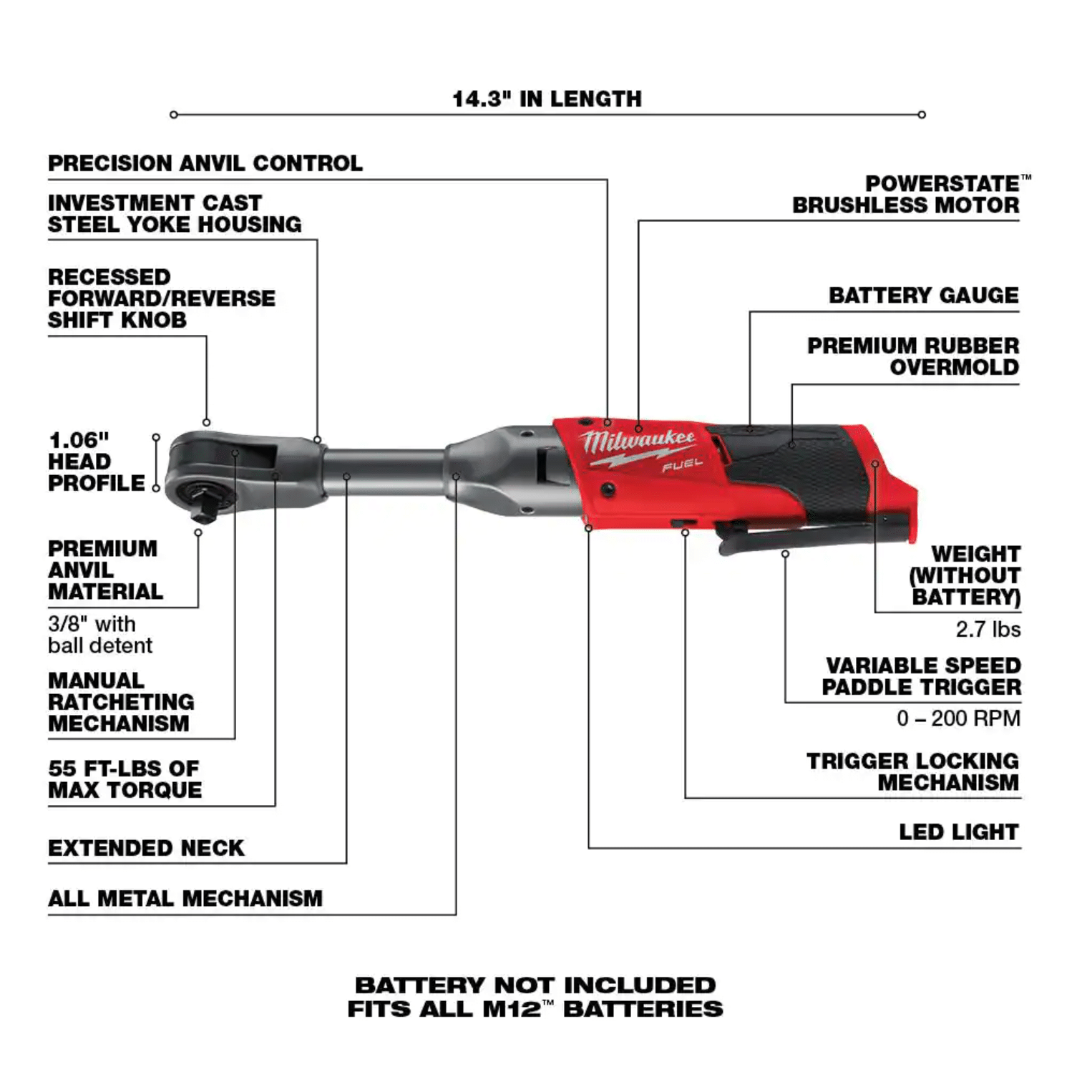 Milwaukee M12 FUEL 12-Volt 3/8 in. Lithium-Ion Brushless Cordless Extended Reach Ratchet， Tool-Only (2560-20)