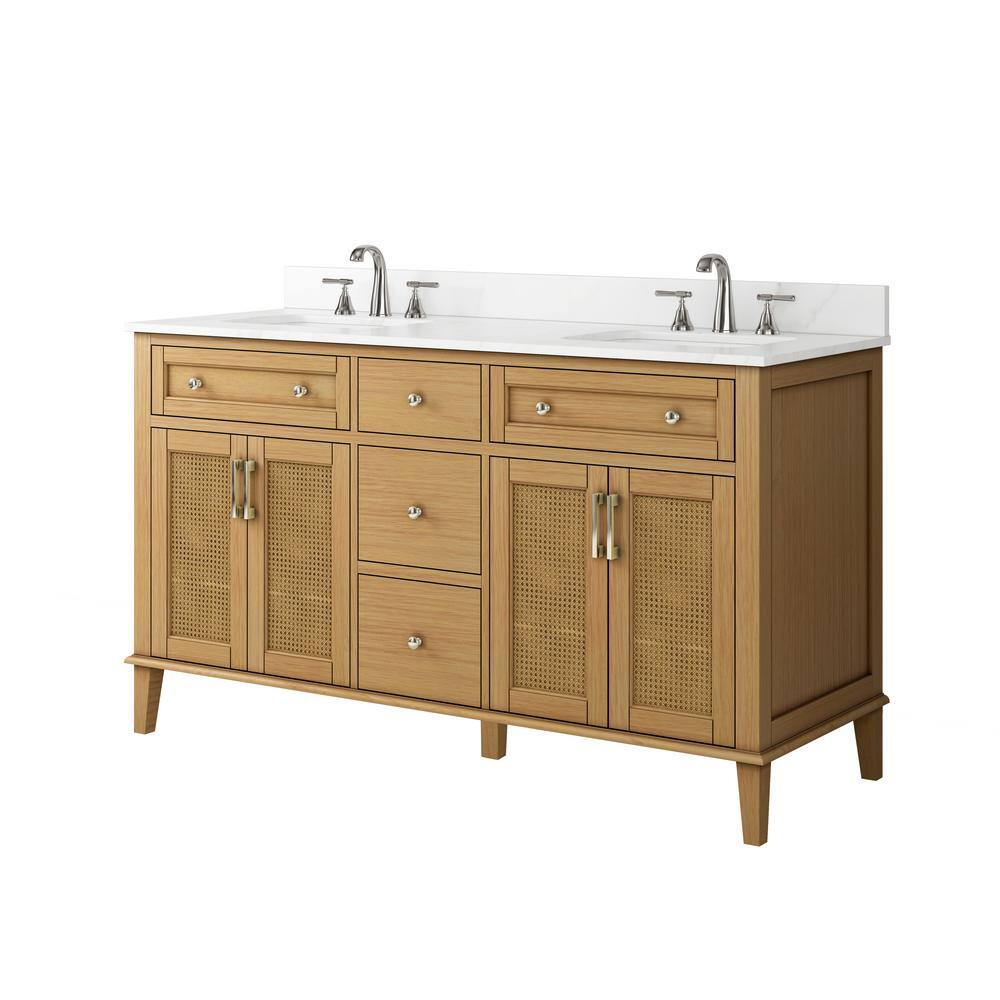 Home Decorators Collection 60in. W x 22 in. D x 34.5 in. H Double Vanity in Natural Oak with Engineered Carrara Marble Top and White Sinks TJ-0237V6022BE