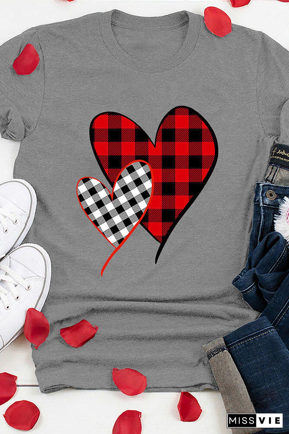 Valentine's Day Plaid Heart Print Short Sleeve Graphic Tee Wholesale