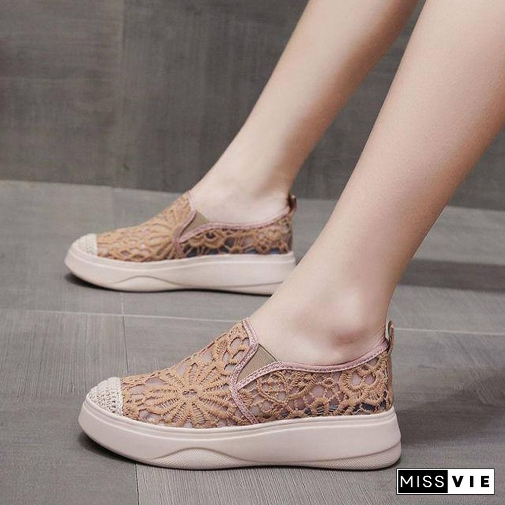 Women Shoes Fashion Summer Casual White Shoes Cutouts Lace Canvas Hollow Breathable Platform Flat Shoes Woman Sneakers