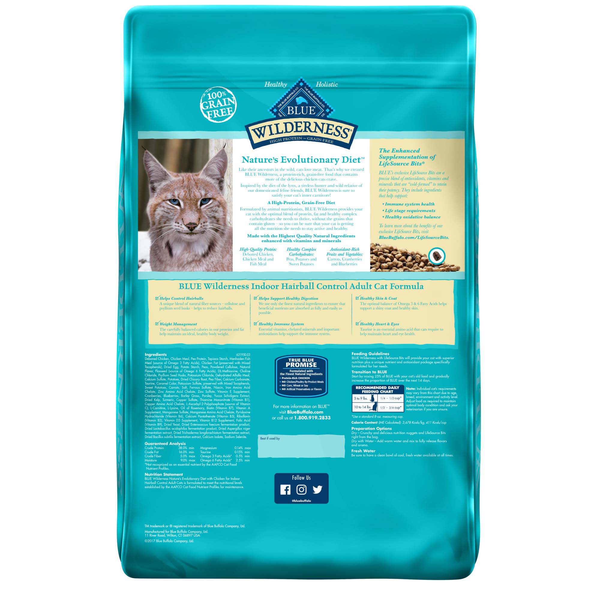 Blue Buffalo Wilderness Natural Adult High Protein Grain Free Indoor Hairball Control Chicken Dry Cat Food， 11 lbs.