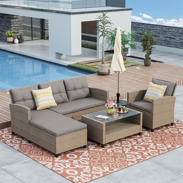 4 Piece Outdoor Patio Furniture Sets，Conversation Set Wicker Ratten Sectional Sofa with Seat Cushions(Beige Brown)