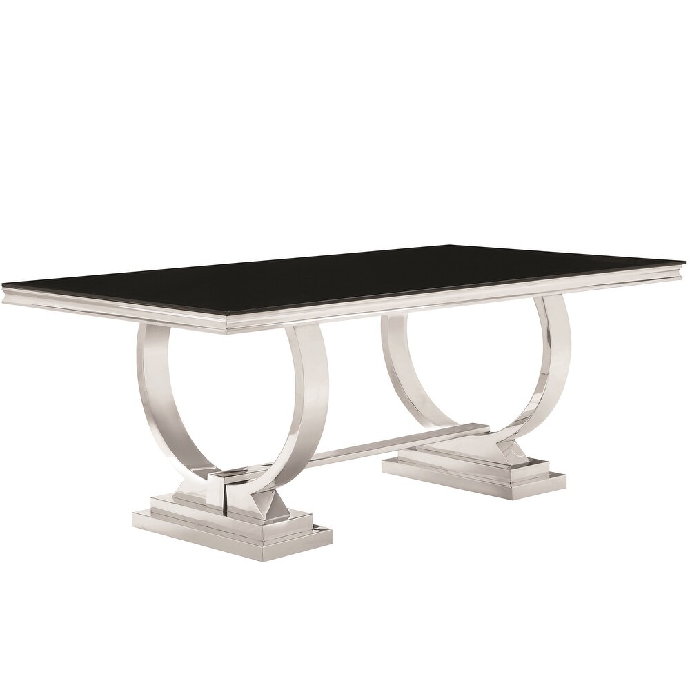 Luxurious Modern Design Stainless Steel Dining Set with Black Glass Table Top