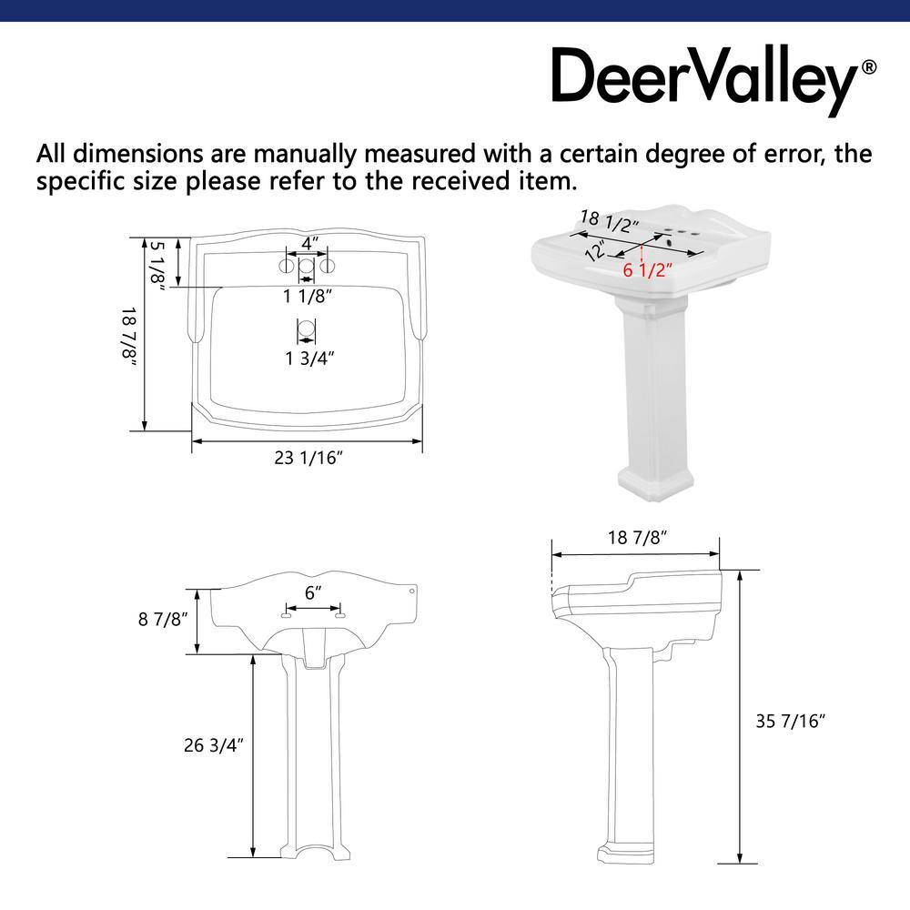 DEERVALLEY DeerValley Dynasty 26 34 in. Tall White Vitreous China Rectangular Pedestal Bathroom Sink With Overflow DV-1P522