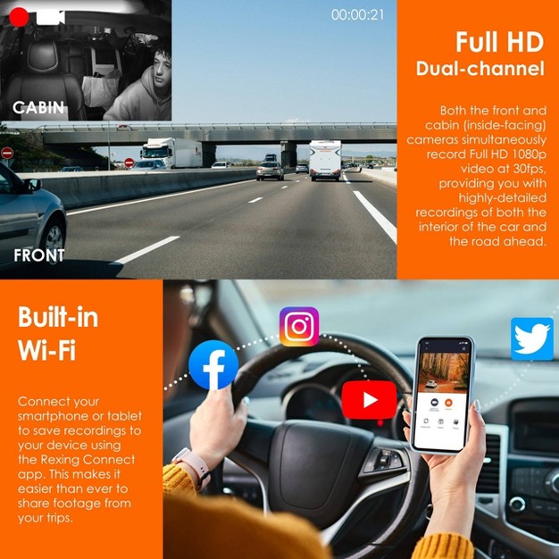 Rexing V3c Dual Channel Front And Cabin 1080p Dash Cam With App Control