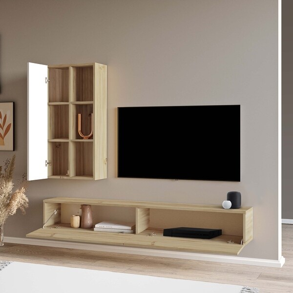 Carl 69 Inch Wall Mount TV Console Media Entertainment Center， 2 Piece Set With Cabinet， Natural