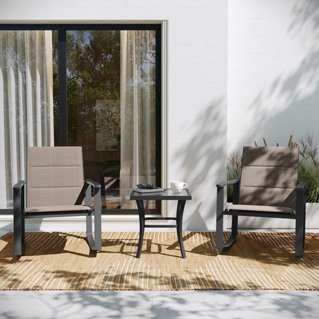 Flash Furniture Brazos 3 Piece Outdoor Rocking Chair Bistro Set With Flex Comfort Material And Metal Framed Glass Top Table