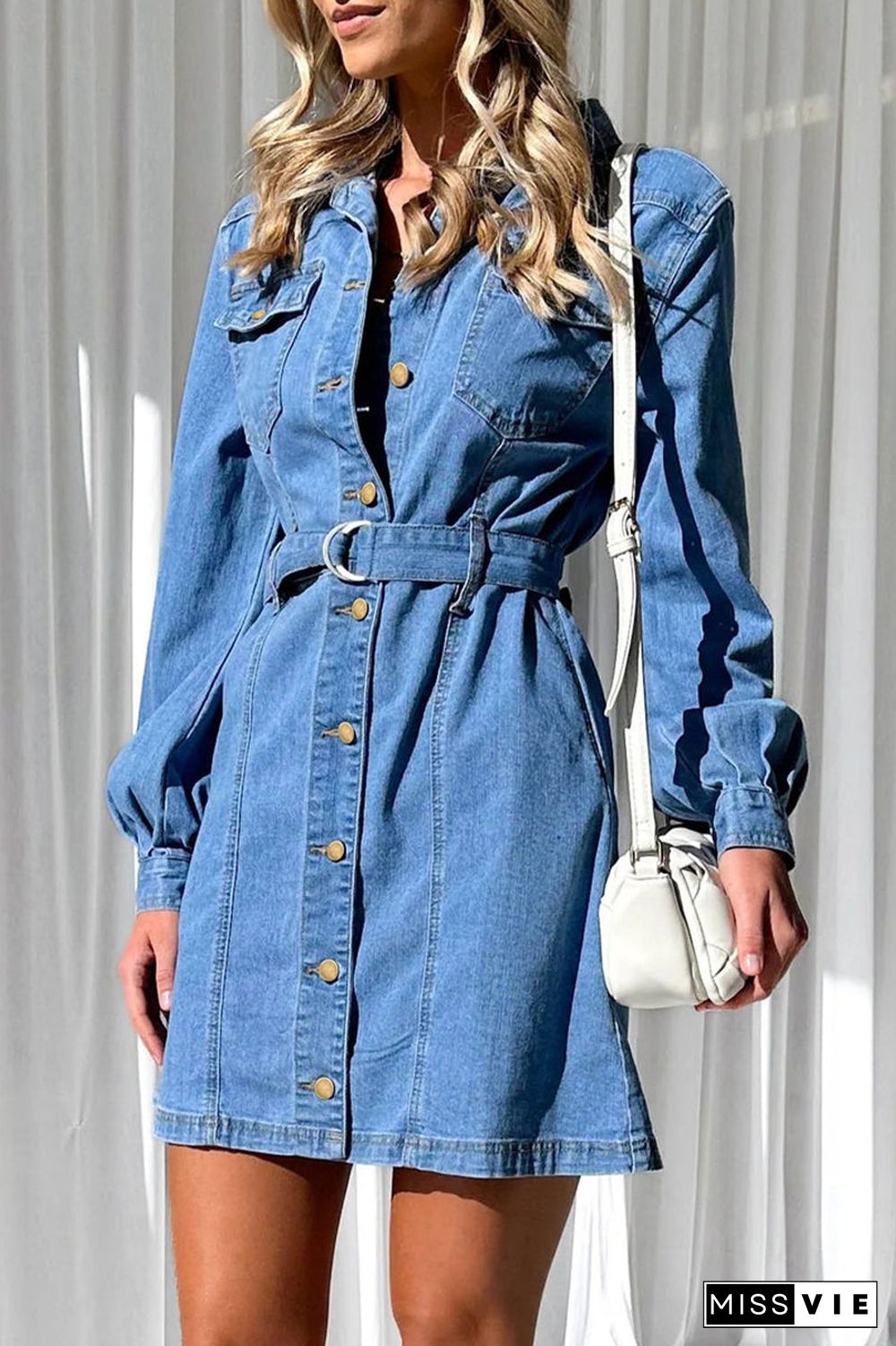 Casual Solid Pocket Buckle With Belt Turndown Collar Long Sleeve Straight Denim Dresses