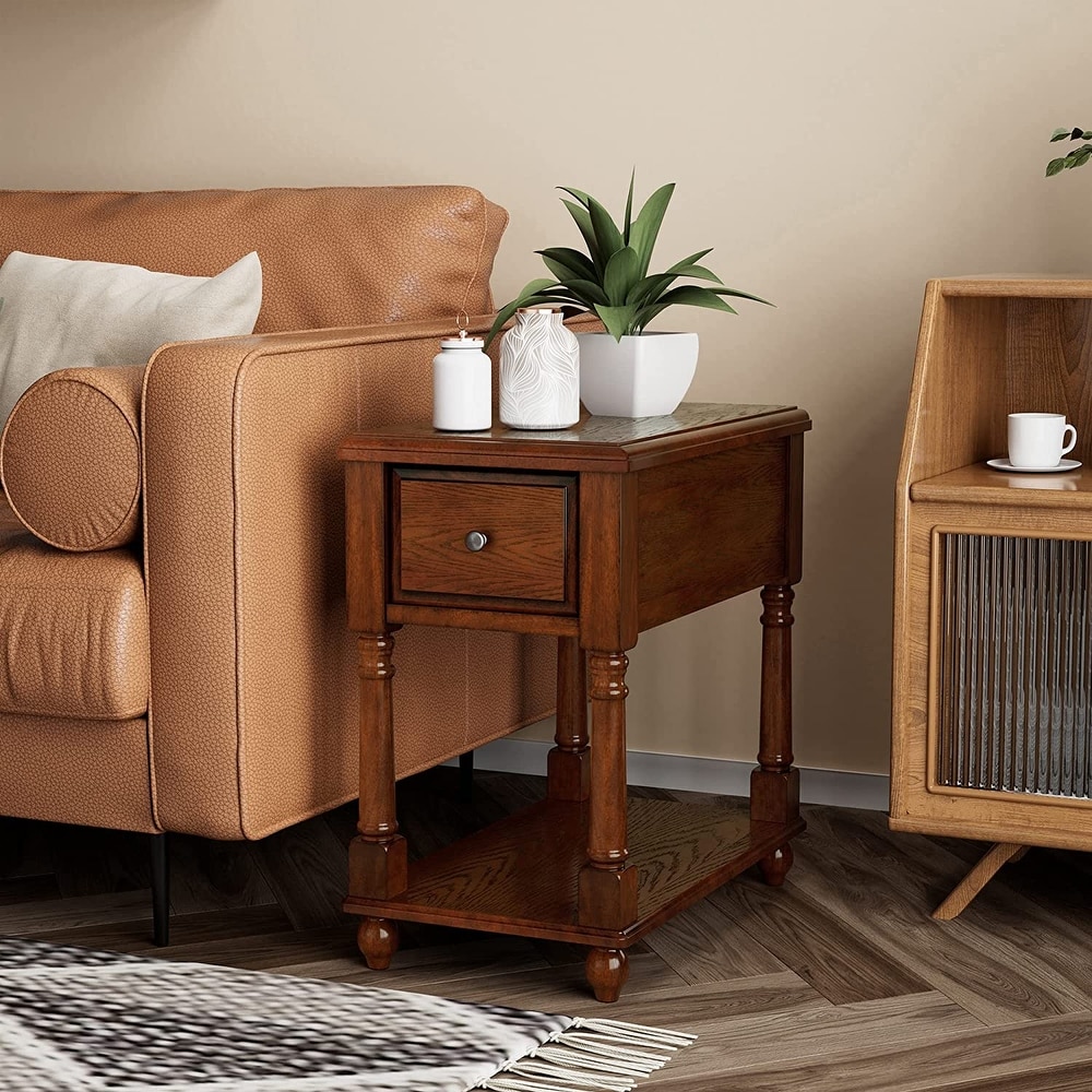 End Table with Drawer  Solid Wood 2 Tier End Side Table