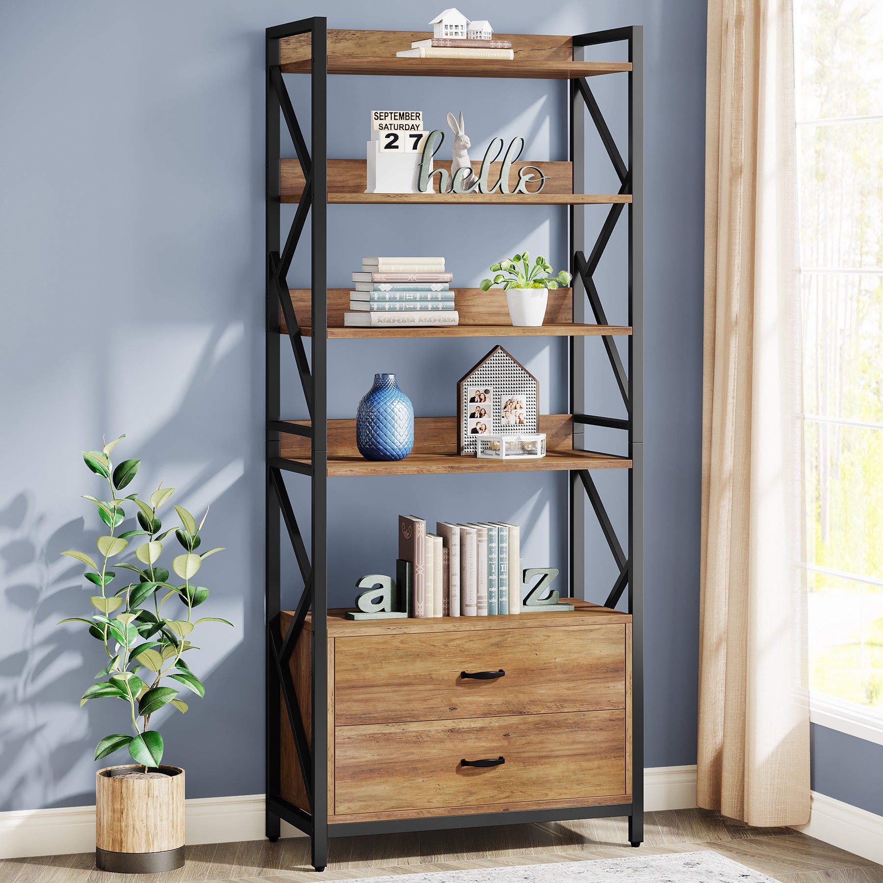 70.86 Bookshelf, Industrial 5-Tier Bookcase with 2 Drawers