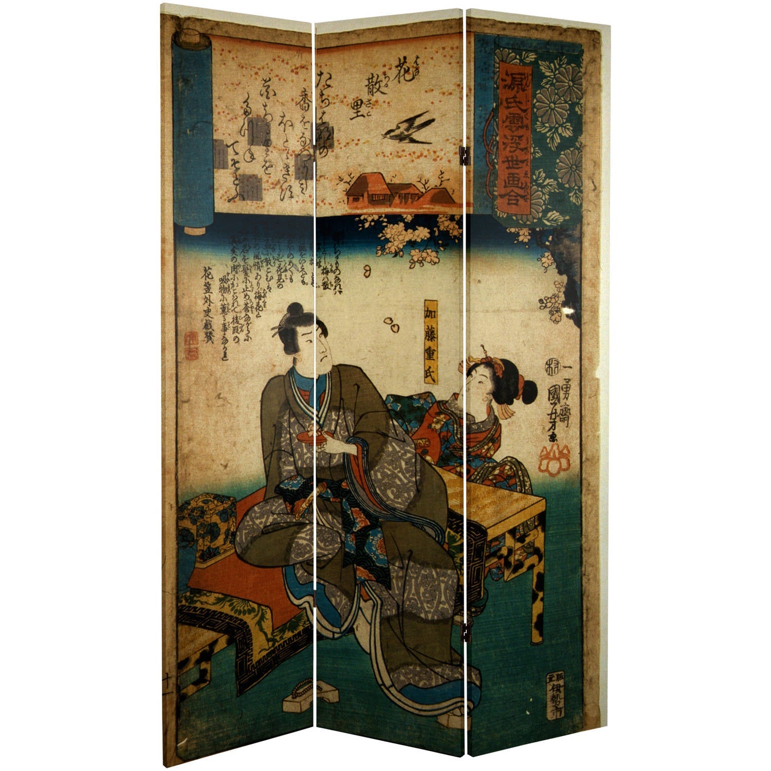 Oriental Furniture 6 ft. Tall Japanese Figures Canvas Room Divider - 3 Panel